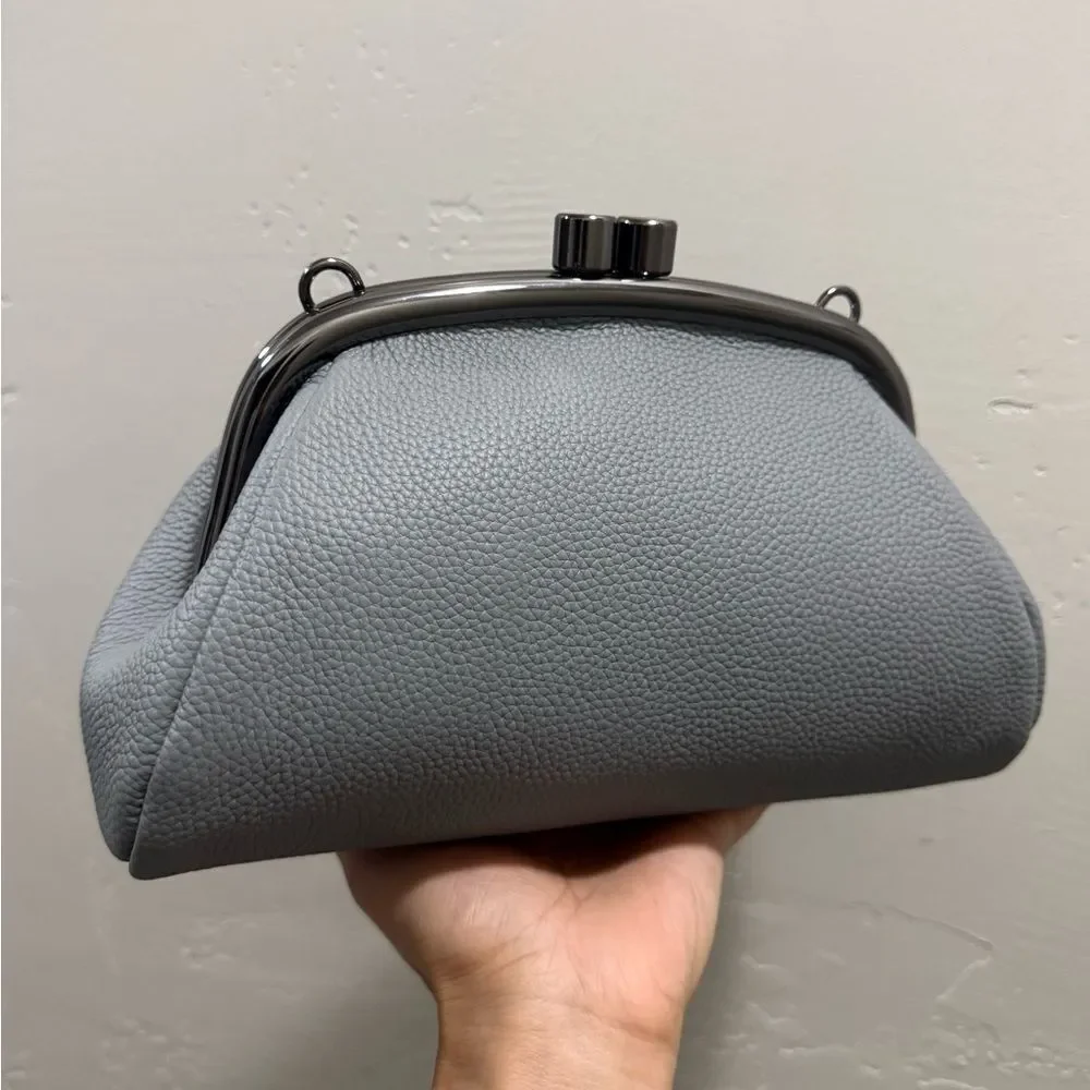 Gray Togo Cowhide Calfskin Handmade Kisslock Wristlet, Shoulder Bag, Crossbody